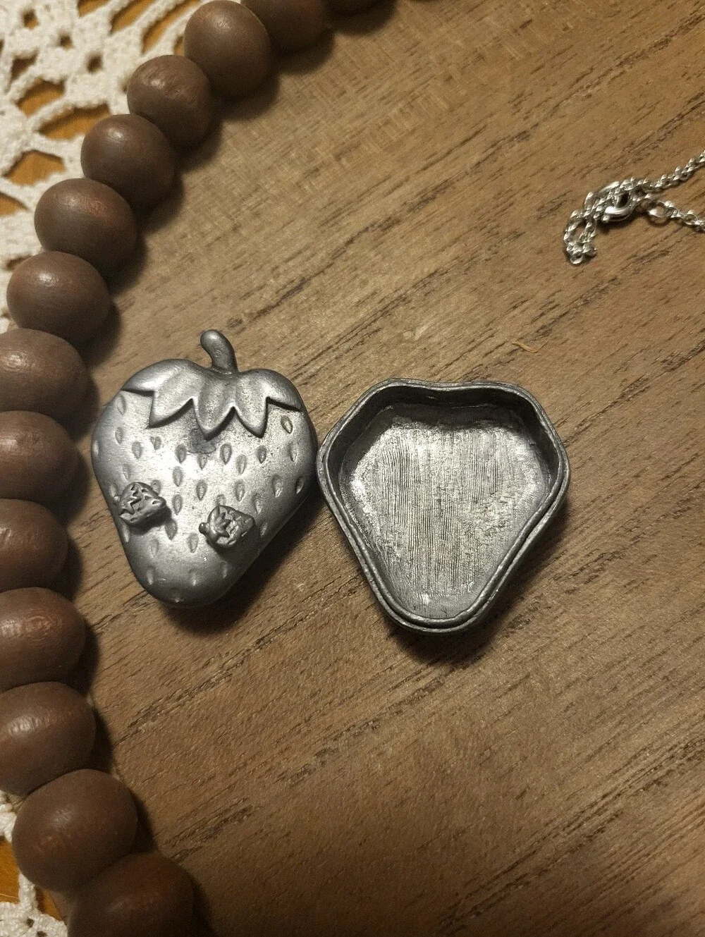 Pewter strawberry jewelry set with brooch, earrings, necklace and trinket box